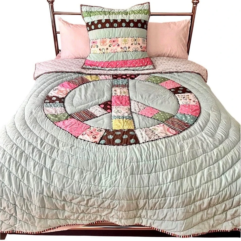 Pottery Barn Quilt Comforter Matching Set Peace Sign Sham Twin Patchwork Boho